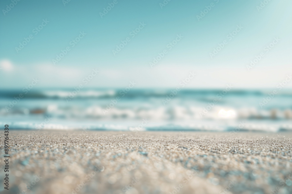 Poster seascape abstract beach background. blur bokeh light of calm sea and sky. focus on sand foreground.