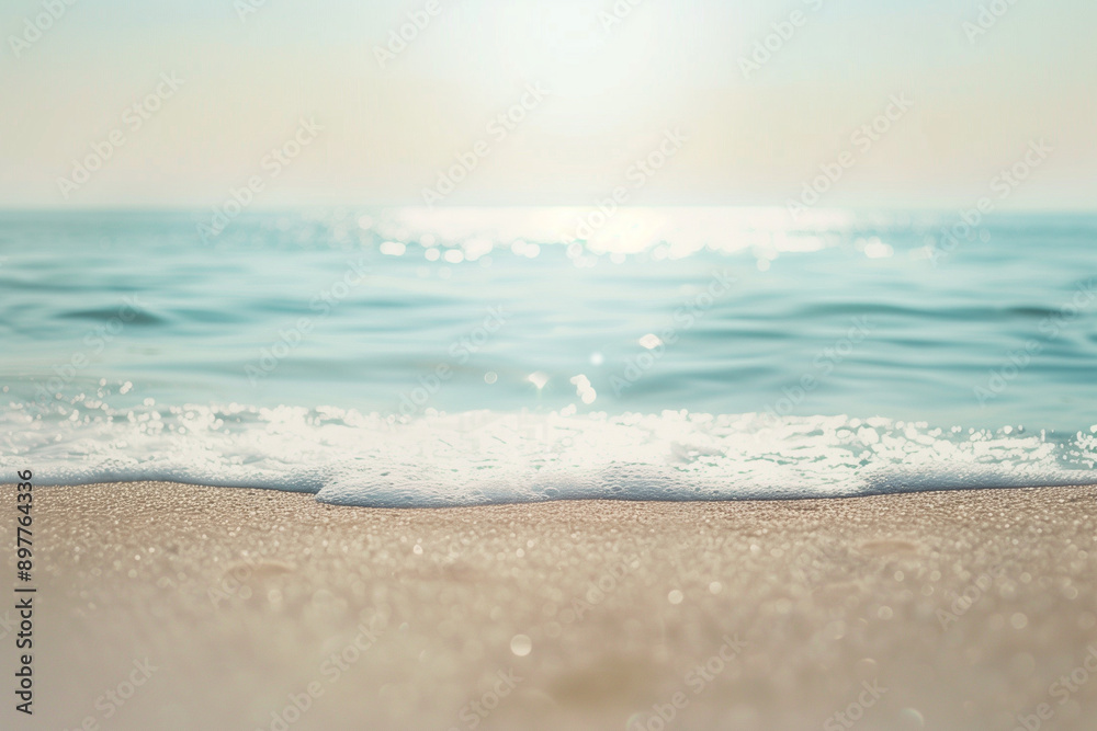 Poster seascape abstract beach background. blur bokeh light of calm sea and sky. focus on sand foreground.