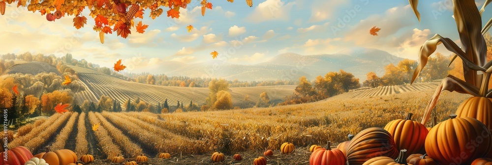 Aufkleber a vast field of corn stalks, pumpkins, and apples basks in the golden glow of autumn sunlight, with 
