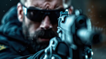 Design an image of a police officer in a training scenario, practicing gun safety and aiming from behind a barrier