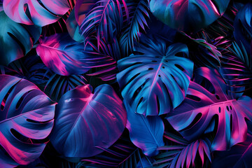 Creative fluorescent color layout made of tropical leaves. Flat lay neon colors. Nature concept.