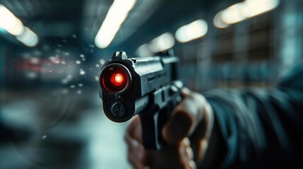 Design an image of a police officer in a training scenario, practicing gun safety and aiming from behind a barrier