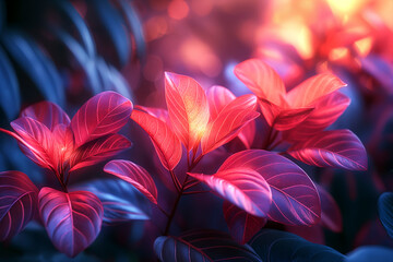Obraz premium Close-up of red leaves illuminated by a warm light.