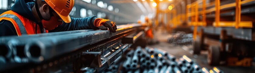 Design an image of metallurgists wearing safety gear, inspecting steel beams for a major construction project inside a factory