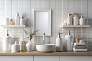 Fototapeta premium Modern white empty cosmetic products, soap, lotion, shampoo, and bottles in light gray and white mockup, situated in a sleek, contemporary bathroom interior with ample free copy space.