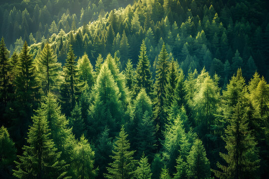 Healthy green trees in a forest of old spruce, fir and pine - Powered by Adobe