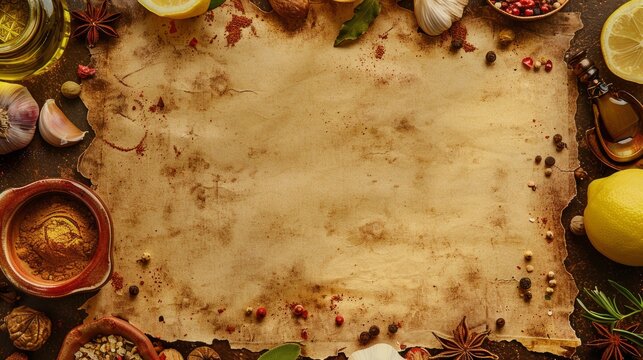 Vintage cooking background with various spices and ingredients. Perfect for recipes and culinary blogs. Rustic style. Cooking-themed backdrop for food photography and kitchen content creation. AI