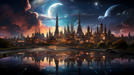 Fototapeta premium A futuristic city skyline with towering spires reflecting off a still body of water. The sky is filled with stars and two crescent moons.