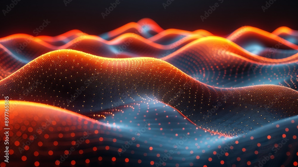 Poster digital artwork with glowing waves and points, symbolizing data visualization in a futuristic concep