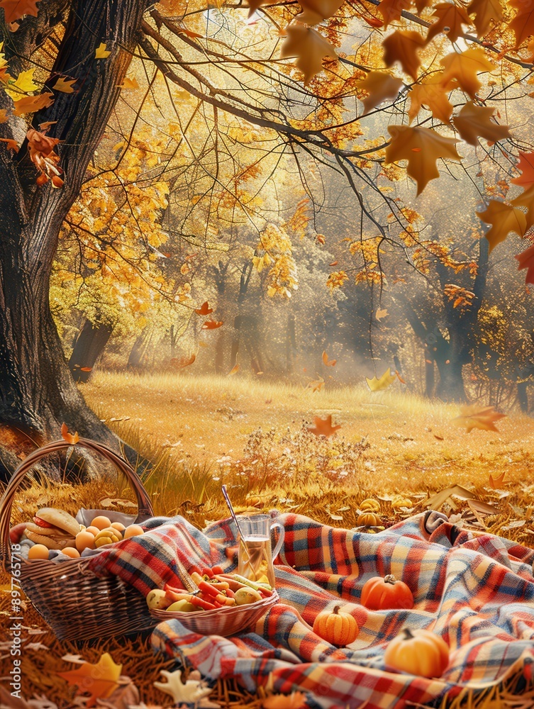 Poster A checkered picnic blanket is laid out on the ground in an autumn forest. A wicker basket overflowing with food and drink sits next to a bowl of apples and pumpkins.