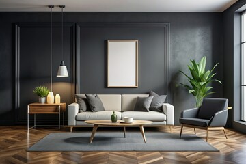 Fototapeta premium Sleek modern living room with dark black accent wall featuring a white frame mockup, sleek flooring, and minimalist decor exuding an air of sophistication.