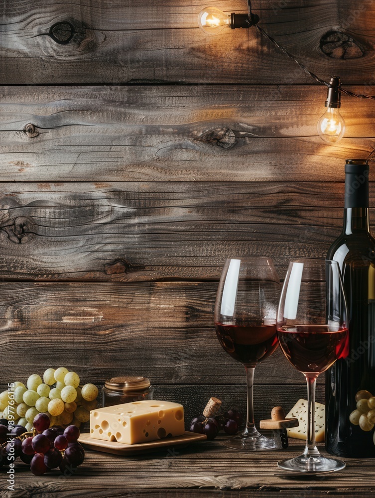 Aufkleber two glasses of red wine, a bottle of wine, and a block of cheese rest on a rustic wooden table with 