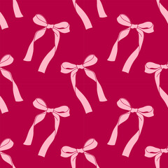 Seamless pattern with ribbon bows. Ballet, coquette core print. Hand drawn pink girly background for fabric, wrapping paper, textile