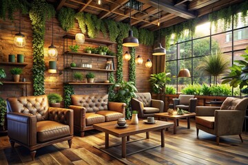 Fototapeta premium Cozy modern coffee shop interior with reclaimed wood accents, plush armchairs, and vintage decor, surrounded by lush greenery and soft warm lighting.