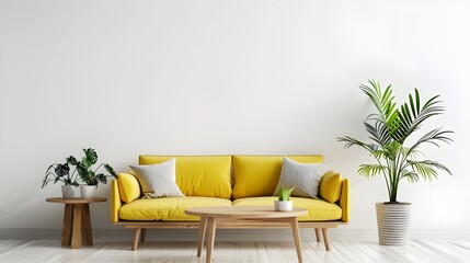 Yellow sofa and wooden table in living room interior with plant,white wall.3d rendering