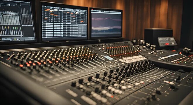 studio interior with digital sound mixing console and professional equipment