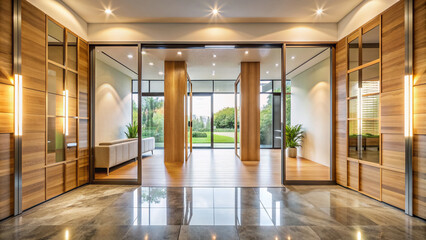 Obraz premium Brightly lit modern indoor entrance with two sleek wooden doors wide open, revealing a spacious interior with a blurred background, natural light pouring in.