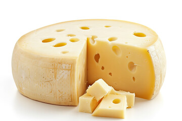Swiss cheese wheel with slices on a clean background, showcasing its iconic holes and creamy texture.