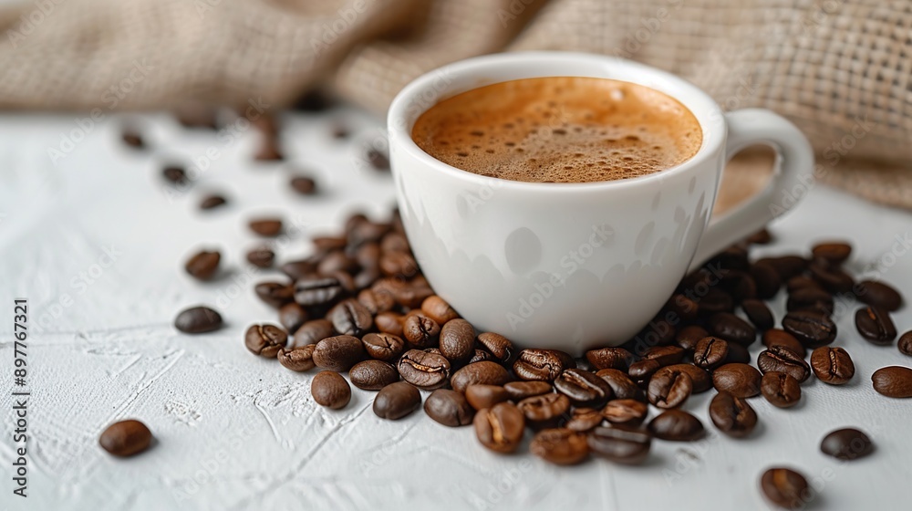 Sticker coffee cup surrounded by beans