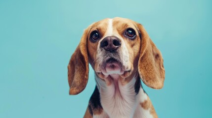 Beagle canine on blue backdrop in studio With room for advertising