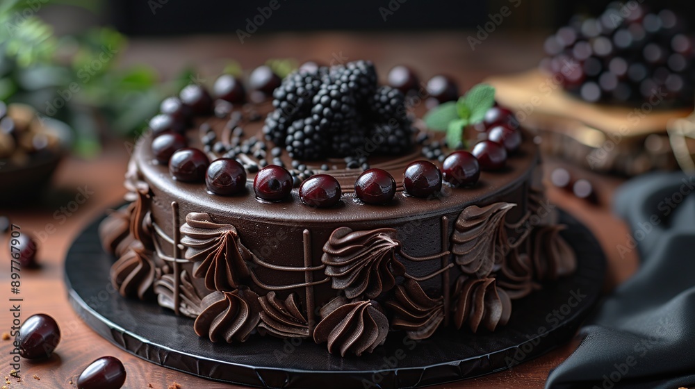 Wall mural delicious chocolate cake with cherries and blackberries