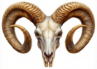 Majestic bighorn ram skull with curved horns in precise detail, isolated on transparent background as a photorealistic illustration, perfect for nature and wildlife designs