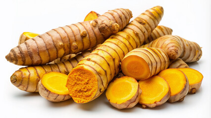 Fresh yellow turmeric roots, whole and sliced, scattered on a clean white background, showcasing vibrant color and subtle texture, highlighting its natural beauty.