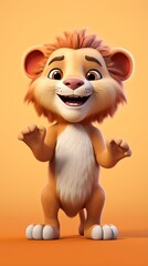 Obraz premium cute lion cartoon 3d render with one color background, generative ai