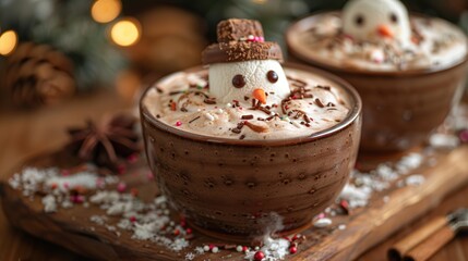 Snowy Hot Chocolate with a Marshmallow Snowman