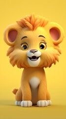 Fototapeta premium cute lion cartoon 3d render with one color background, generative ai