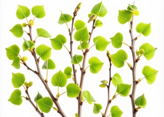 Delicate Aspen tree twigs with soft green leaves and tiny buds stretch outward, isolated on a pure white background, showcasing nature's simple elegance.