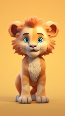 Fototapeta premium cute lion cartoon 3d render with one color background, generative ai