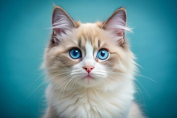 Adorable ragdoll cat with soft, fluffy fur and big bright eyes gazes curiously against a serene pastel blue background, exuding innocence and sweetness.