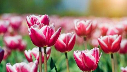 Fototapeta premium Pink tulip bloom, red beautiful tulips field in spring time with sunlight