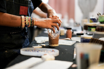 Making plaster casts with polymer plaster. Artistic workshop for kids. 