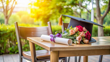 Empty cap and gown draped over chair, diploma and bouquet of flowers on table, blurred background with sense of pride and accomplishment in the air.