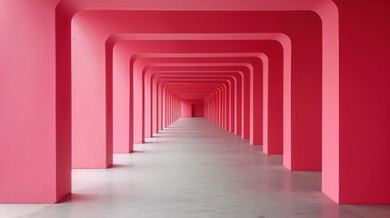 Obraz premium Modern architectural corridor with vibrant pink arched columns and a minimalist design, creating an endless tunnel effect.
