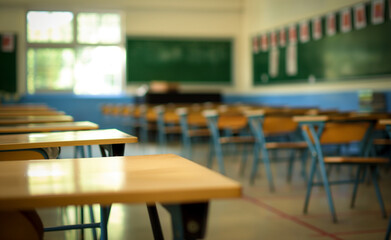 Empty Classroom with Wooden Desks and Green Chalkboard, Ready for Back to School Learning in a Bright and Organized Environment