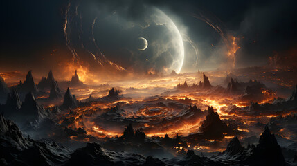 Naklejka premium A fiery, volcanic landscape with a large, glowing moon in the sky. The planet's surface is dominated by sharp peaks and flowing rivers of lava.