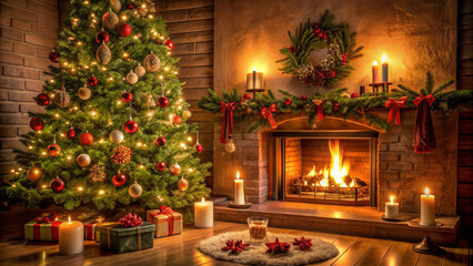 Warm fireplace with decorated Christmas tree, festive holly, and intimate candles, evoking a sense of love and togetherness on a winter holiday evening.