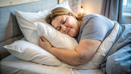 Fototapeta premium Overweight woman sleeping peacefully on bed, hugging a pillow. Serene moment capturing rest and comfort in a cozy bedroom setting