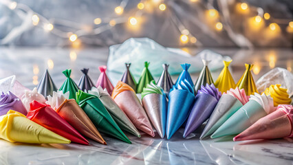 Colorful array of empty icing bags with various tip shapes and sizes on white marble table against blurred bokeh background awaiting decoration tasks.
