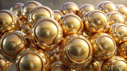 A close-up of glossy, metallic gold spheres arranged in an array against a soft background.