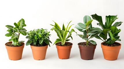 Obraz premium Various potted plants lined up on a white background