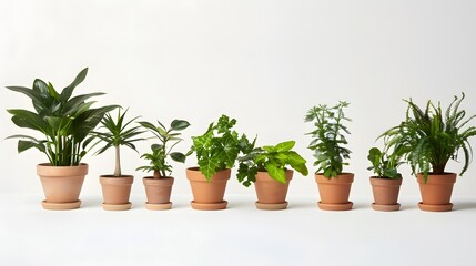 Various potted plants lined up on a white background