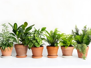 Obraz premium Various potted plants lined up on a white background