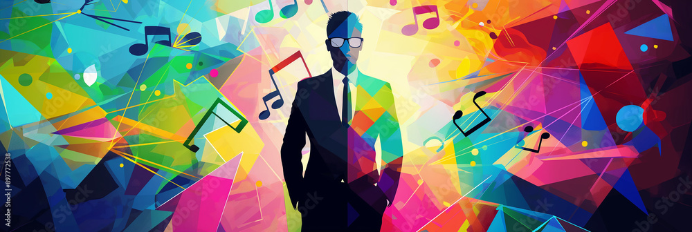 Poster businessman standing in front of colorful music notes background