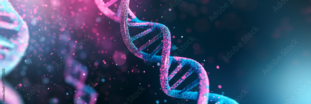 Poster Dna double helix rotating in colorful abstract background