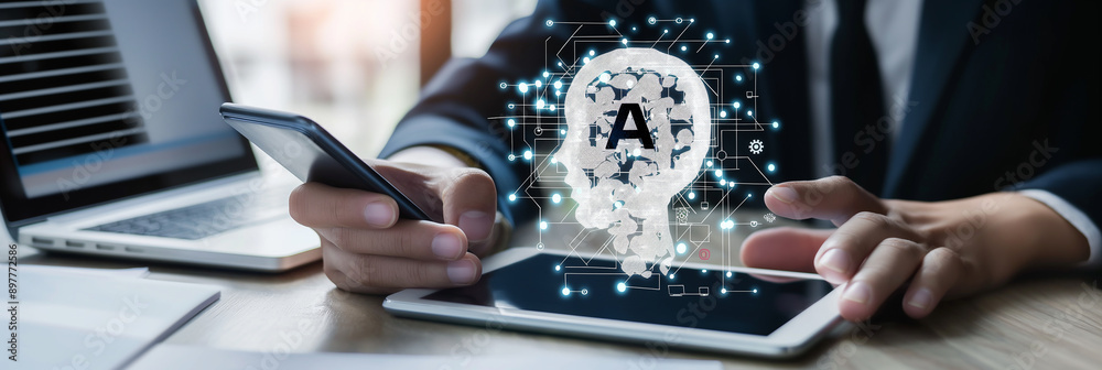 Aufkleber businessman using artificial intelligence ai for business growth development