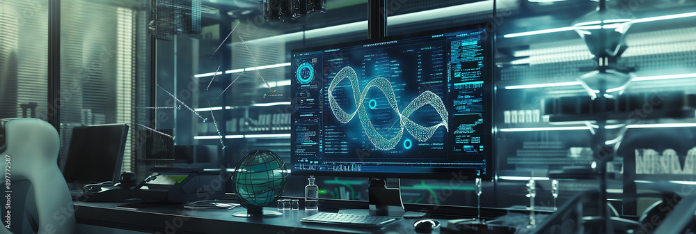Aufkleber Computer showing dna double helix in futuristic laboratory setting
